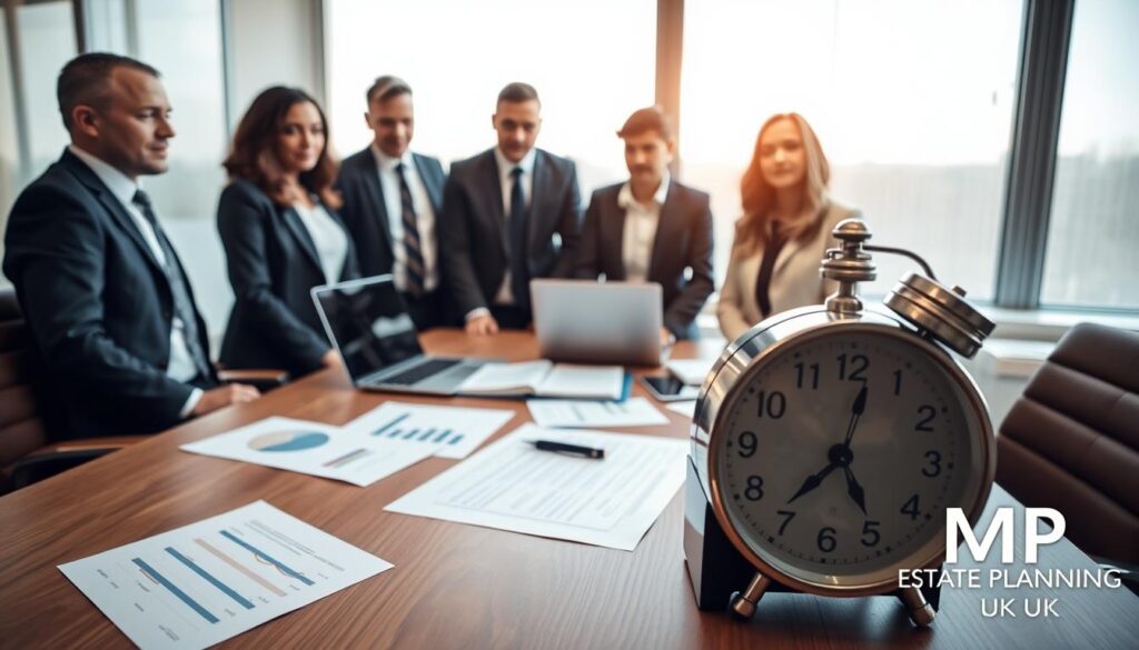 A professional office setting for a consultation regarding a Deed of Variation in the UK. In the foreground, a diverse group of three individuals, dressed in smart business attire, are gathered around a sleek wooden table covered with legal documents and a clock that highlights the urgency of time limits. The middle ground features scattered papers, a laptop open with financial charts, and a pen poised on an important document that signifies the Deed of Variation. The background shows a large window with soft natural light illuminating the scene, creating a focused and serious atmosphere, suggesting the weight of missing the deadline. The brand logo "MP Estate Planning UK" subtly incorporated into the scene, perhaps on a folder or business card on the table.