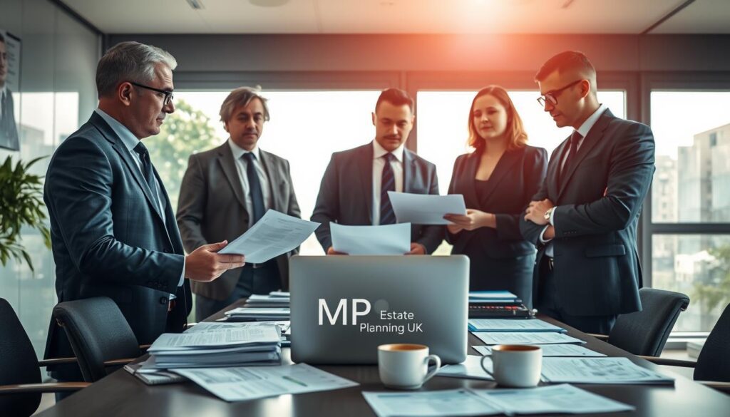 A professional office setting illustrating the OPG safeguarding investigation process. In the foreground, a diverse group of three individuals (two men and one woman) in professional business attire are engaged in a discussion, examining documents related to safeguarding. In the middle, a conference table is cluttered with files, a laptop, and a cup of coffee, creating a dynamic atmosphere of collaboration and analysis. The background features a large window allowing natural light to flood in, casting soft shadows across the room. The overall mood is serious yet focused, depicting a diligent investigative atmosphere. The brand logo "MP Estate Planning UK" subtly placed on a document on the table. Use soft lighting with a slight lens flare to enhance the professionalism of the scene.