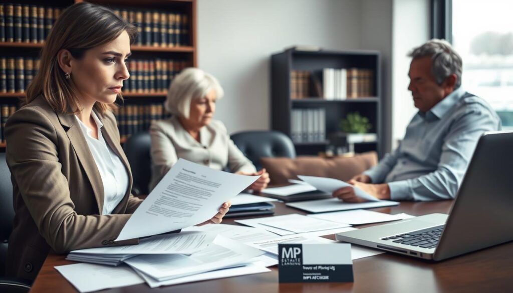 A professional office setting illustrating the common challenges during the registration process of an Enduring Power of Attorney in the UK. In the foreground, a focused businesswoman in smart attire, expressing concern as she reviews paperwork on a desk cluttered with legal documents and a laptop, symbolizing the complexities of registration. In the middle ground, a concerned elderly couple discusses with a consultant, emphasizing the emotional weight of the situation. The background includes a bookshelf filled with legal books and a window showing a cloudy sky, suggesting uncertainty. Soft, diffused lighting creates a contemplative atmosphere, with a depth of field focusing on the interactions between people. The brand name "MP Estate Planning UK" is subtly represented on a business card visible on the desk.