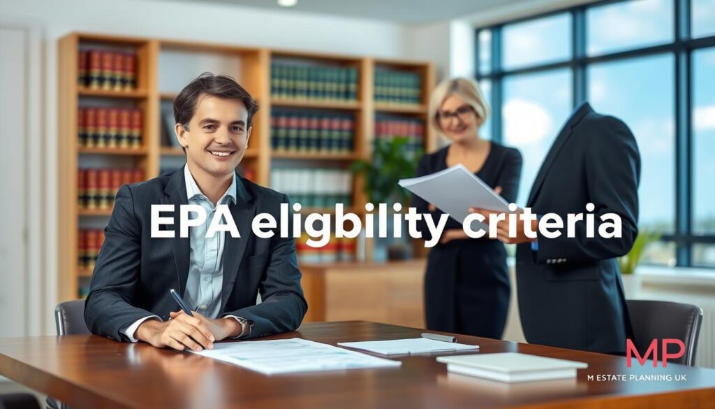 A professional office setting illustrating the concept of "EPA eligibility criteria." In the foreground, a confident individual in smart business attire is engaging in a consultation with a client, exchanging documents related to the Enduring Power of Attorney process. The middle ground features a well-organized desk with a laptop, legal papers, and a pen, symbolizing the registration process. In the background, a blurred, modern office with shelves containing law books and a window showcasing a clear sky, allowing natural light to illuminate the scene. The atmosphere is purposeful and focused, reflecting professionalism and trust. Subtle branding elements of "MP Estate Planning UK" are integrated into the office décor without being intrusive. The overall composition should convey clarity and the importance of understanding eligibility criteria.