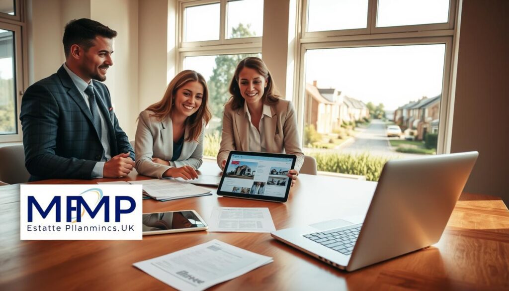 A professional office setting illustrating the concept of property sale by an executor in the UK. In the foreground, a diverse group of three individuals dressed in business attire—one male and two females—are engaged in a discussion around a wooden table, which is cluttered with documents and a tablet showing property listings. The middle ground features a laptop open with legal documents visible on the screen. In the background, large windows display a view of a pleasant suburban street, enhancing the atmosphere of a real estate transaction. The lighting is warm and inviting, casting soft shadows that emphasize a collaborative and serious mood. The logo "MP Estate Planning UK" is subtly incorporated into the scene.