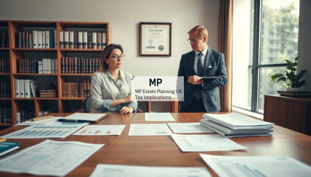 A professional office setting illustrating the concept of tax implications, showcasing a large wooden desk in the foreground with documents spread out, including charts and tax forms. In the middle, a well-dressed financial advisor, a middle-aged man in a tailored suit, discusses tax strategies with a thoughtful client, a woman in a smart blouse. The background features shelves filled with law books and a window providing soft, natural light filtering in, creating a warm and inviting atmosphere. The mood is serious and contemplative, emphasizing the importance of understanding tax rules. The brand "MP Estate Planning UK" is subtly included in a framed certificate on the wall. Use a soft focus effect to enhance the sense of depth in the scene.