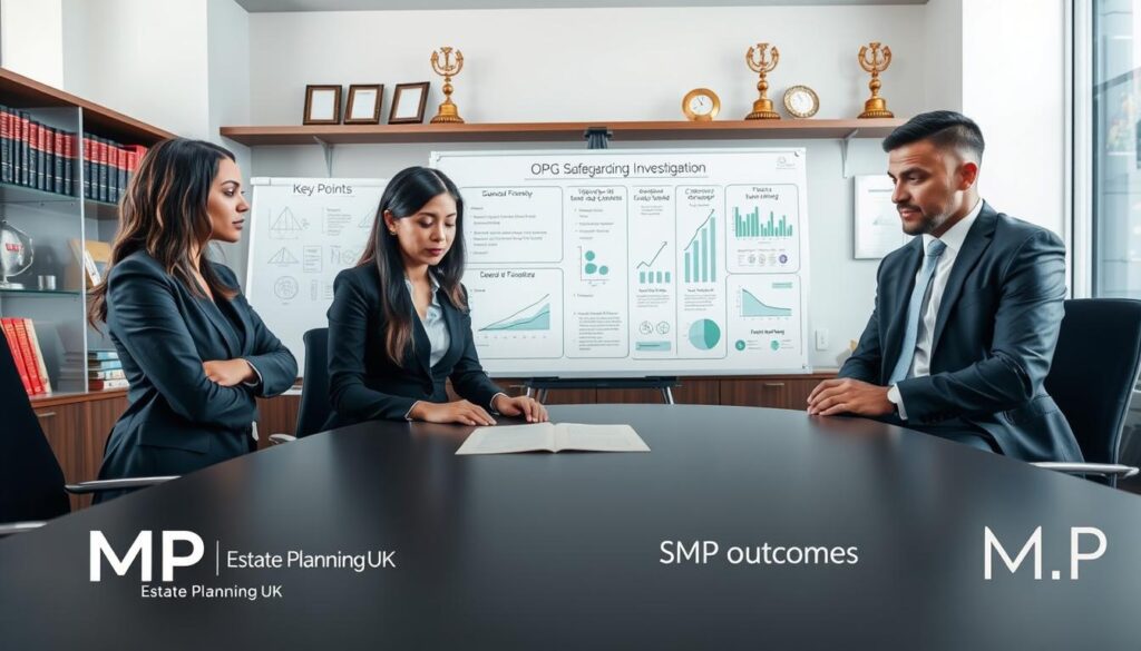 A professional office setting illustrating the outcomes of an OPG safeguarding investigation. In the foreground, a diverse group of three professionals in business attire—two women and one man—are engaged in a focused discussion over a document on a sleek conference table. The middle ground features a large whiteboard displaying key points and outcomes of investigations, with charts and graphs illustrated in a clear, organized manner. The background shows shelves with legal books and awards, conveying an atmosphere of professionalism and trust. Soft, natural lighting illuminates the room, highlighting the participants' expressions of determination and collaboration. The overall mood is serious yet hopeful, symbolizing the importance of safeguarding and ethical considerations. The brand name "MP Estate Planning UK" is subtly integrated into the background design elements.