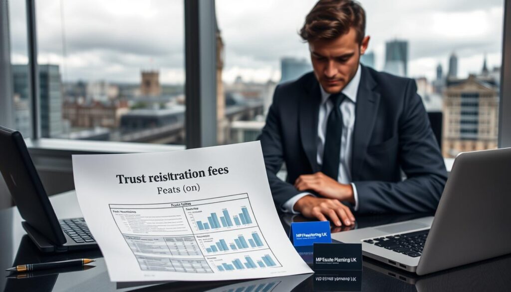 A professional office setting reflecting the theme of "Trust Registration Fees UK." In the foreground, a confident individual in a formal business suit, studying a document labeled "Penalties for Non-Compliance." The middle layer features a desk with financial tools like calculators, pens, and a laptop displaying graphs related to trust fees. In the background, a large window reveals a cloudy London skyline, suggesting a serious atmosphere. Soft, diffused lighting illuminates the scene, enhancing the professional mood. The brand name "MP Estate Planning UK" subtly incorporated into a business card on the desk. The overall composition conveys urgency and responsibility regarding compliance and timely registration. No text, speech bubbles, or watermarks are present.