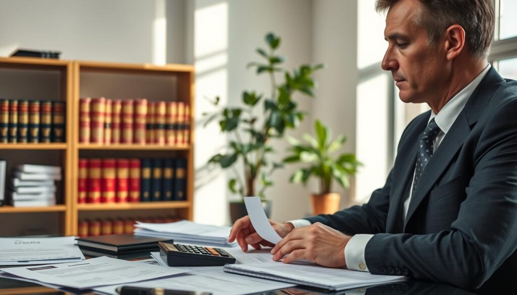 A professional office setting reflecting the theme of late payment penalties for inheritance tax. In the foreground, a person in smart business attire, reviewing financial documents on a desk filled with tax forms and a calculator, their expression contemplative. In the middle ground, shelves lined with legal books and tax guides, alongside a potted plant to add warmth. The background features a large window allowing natural light to illuminate the scene, accentuating the seriousness of financial responsibilities. The atmosphere conveys a sense of urgency and focus, evoking the importance of understanding penalties. Include a subtle logo of "MP Estate Planning UK" on a document on the desk. The lighting is bright yet soft, capturing the essence of a professional environment.