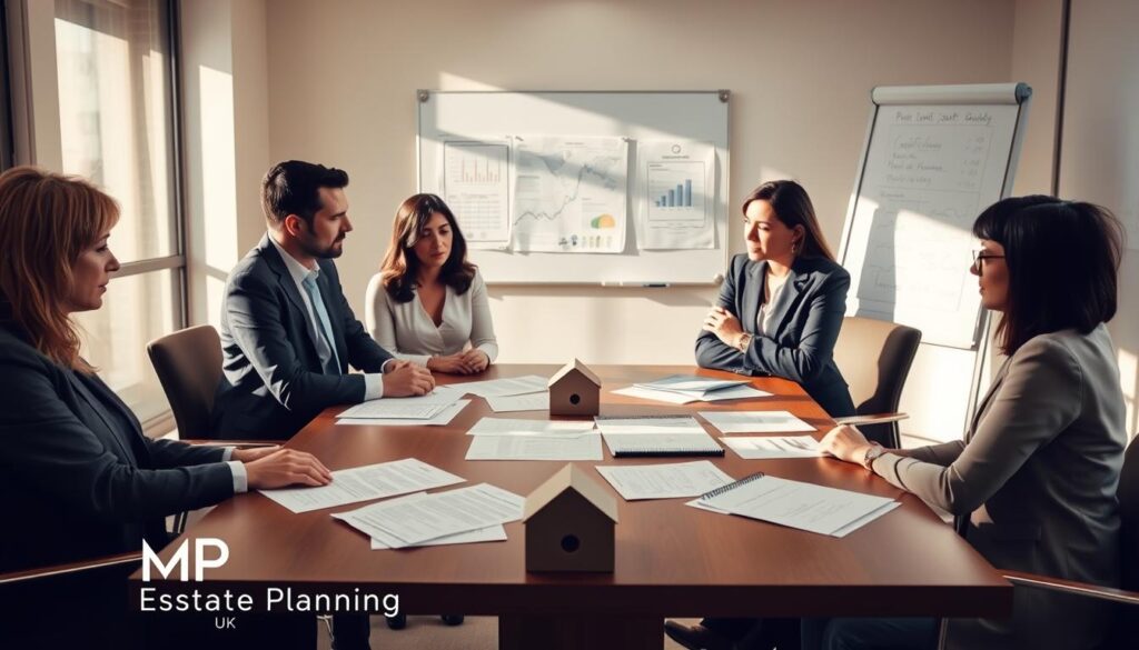 A professional office setting showcasing a conference table with documents spread out, symbolizing joint tenancy. In the foreground, a diverse group of three professionals in business attire engaged in a serious discussion about property assets, reflecting concern and contemplation. The middle ground features a large window allowing soft natural light to illuminate the scene, casting gentle shadows that create a serious atmosphere. The background includes a whiteboard with charts and legal papers related to inheritance tax planning, subtly emphasizing the topic's complexity. The overall mood is one of critical analysis and deliberation, highlighting the potential drawbacks of severing joint tenancy. The image should resonate with the viewer's understanding of IHT planning in the UK. Incorporate the brand name "MP Estate Planning UK" subtly into the environment, without any direct text.