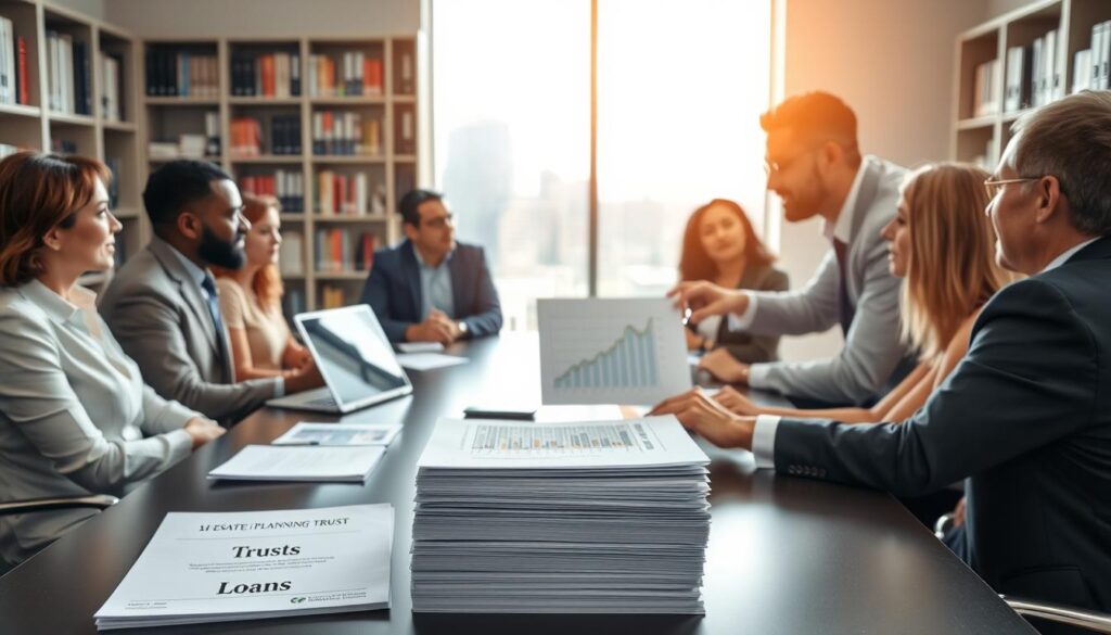 A professional office setting showcasing a financial advisor consulting a diverse group of clients, all dressed in smart business attire, around a sleek conference table. In the foreground, a well-organized stack of documents labeled ‘Trusts’ and ‘Loans’, with a laptop displaying financial charts. The advisor is pointing to a graph, illustrating the mechanics of loans to trusts. In the middle ground, a window reveals a clear skyline of a modern city, conveying prosperity and stability. The background has bookshelves filled with legal and financial literature, emphasizing the subject matter. Soft, natural light filters through the window, creating a warm and inviting atmosphere. The logo "MP Estate Planning UK" subtly appears on the documents on the table.