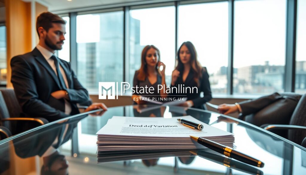 A professional office setting showcasing the Deed of Variation process in the UK. In the foreground, a diverse group of three business professionals—two men in smart suits and one woman in a tailored dress—are engaged in a discussion over documents on a sleek glass table. In the middle, a neatly arranged stack of legal papers labeled "Deed of Variation" with a fountain pen resting beside them symbolizes the formal nature of the task. In the background, a large window lets in natural light, illuminating a cityscape view, creating an atmosphere of clarity and professionalism. The room is filled with subtle warm lighting, enhancing the collaborative mood. The brand name "MP Estate Planning UK" subtly appears on a document, reflecting a focus on estate and legal matters.