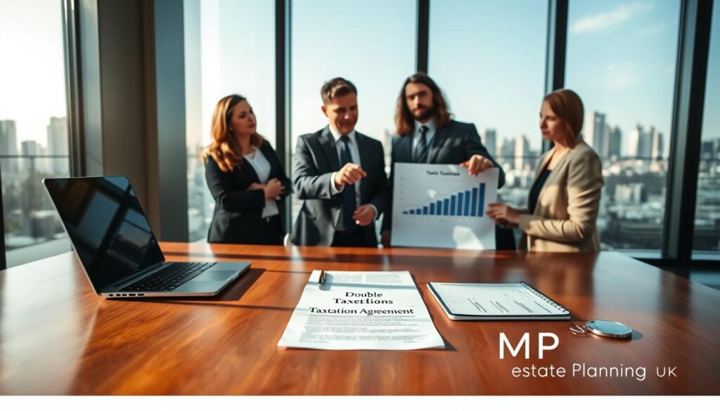 A professional office setting showcasing the concept of "Double Taxation Agreements." In the foreground, a polished wooden table with an elegant laptop, papers, and documents labeled "Double Taxation Agreement" prominently displayed. In the middle ground, a diverse group of professionals in business attire—two men and a woman—engaged in a serious discussion, pointing at a graph illustrating tax remittances, conveying a sense of teamwork and focus. The background features a large window with natural light streaming in, casting soft shadows across the room, and a skyline view of a city, representing international financial hubs. The atmosphere is contemplative and serious, emphasizing the complexity of tax matters. The brand name "MP Estate Planning UK" subtly integrated into the scene, perhaps on a notepad or a business card on the table.