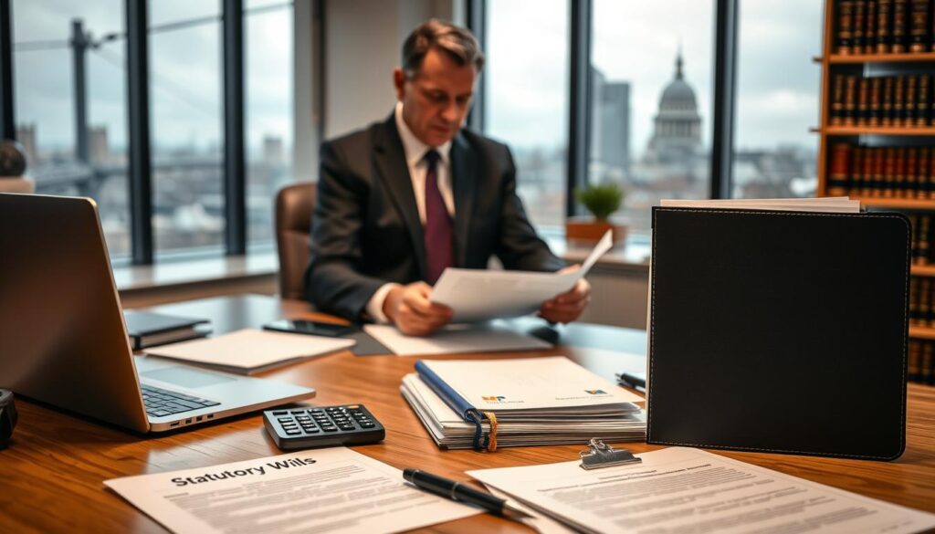 A professional office setting showcasing the concept of statutory will costs in the UK. In the foreground, a neatly arranged desk featuring a laptop, legal documents, a calculator, and a pen. To the side, a stack of informational brochures labeled “Statutory Wills” and a branded folder with “MP Estate Planning UK” prominently displayed. In the middle ground, a middle-aged solicitor in smart business attire, focused on examining documents. Soft, warm lighting enhances the atmosphere, creating a serious yet approachable mood. The background features shelves filled with legal books and a subtle view of a window showing a cloudy London skyline, suggesting a typical day at a law firm. The image should evoke a sense of professionalism and trustworthiness in estate planning.