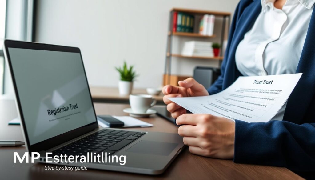 A professional office setting showcasing the process of registering a trust online in the UK. In the foreground, a laptop displays a detailed trust registration form on the screen, surrounded by neatly organized paperwork and a stylish pen. Nearby, a pair of hands in business attire (lightly typed shirt and navy blazer) hold a paper checklist detailing the registration steps. The middle ground features a modern desk with a potted plant and a coffee cup, while in the background, a wall-mounted shelf displays books on estate planning. Soft, natural lighting enters through a large window, creating a calm and focused atmosphere. The brand logo "MP Estate Planning UK" is subtly incorporated into the scene, emphasizing a sense of professionalism and trustworthiness. The image captures a step-by-step guide aura without any text overlays or distractions.