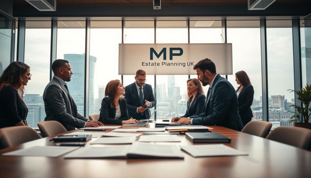 A professional office setting showcasing the role of the Financial Conduct Authority (FCA) in regulating home loan schemes. In the foreground, diverse professionals in business attire engage in a discussion around a table filled with documents and digital devices, symbolizing the regulatory process. The middle ground features a large window revealing a cityscape, bathed in soft morning light, highlighting the financial district of London. In the background, a large banner displays the logo of "MP Estate Planning UK," subtly indicating their involvement in home loans. The atmosphere is serious yet collaborative, emphasizing regulatory diligence. Focus on sharpness and clarity, using a slightly elevated angle to capture the depth of the scene, with warm lighting to create an inviting yet professional mood.