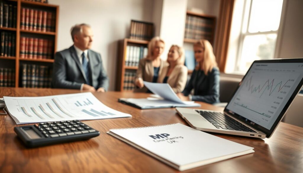 A professional office setting that conveys the theme of tax implications regarding life interest trusts. In the foreground, a wooden desk displays a set of detailed documents and a calculator. A laptop is open, showing financial graphs and tax-related data. In the middle ground, a well-dressed financial advisor discusses with a couple, both in business attire, appearing engaged and thoughtful. The background features shelves lined with law books and a window with natural light streaming in, casting a warm glow over the scene. The atmosphere is serious yet hopeful, suggesting financial security and planning. Include the brand "MP Estate Planning UK" subtly integrated into the notebook or document on the desk.