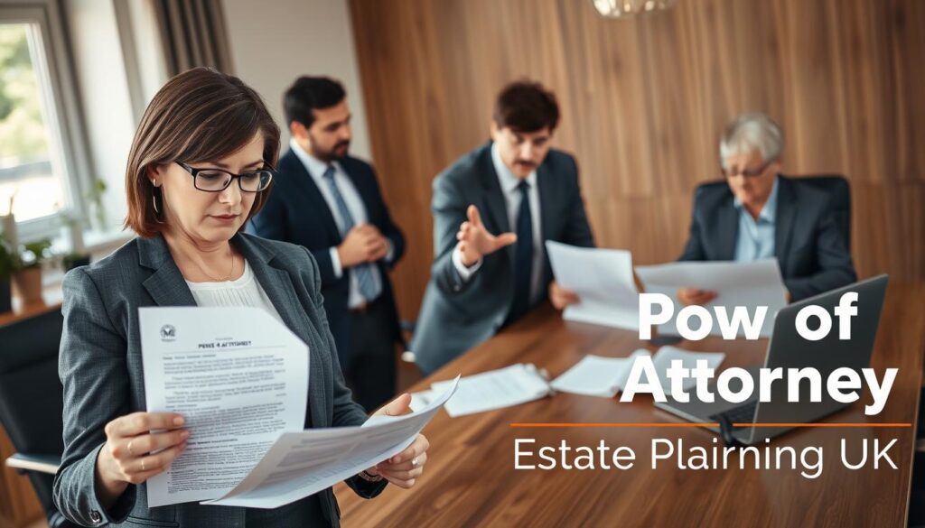 A professional office setting where a diverse group of individuals is engaged in a discussion about Power of Attorney documents. In the foreground, a middle-aged woman in a smart business suit is reviewing a Power of Attorney contract, with a look of determination and focus. In the middle, a young man in business casual attire gestures as he explains the nuances of the document to an elderly couple, who appear contemplative and engaged. The background features a wooden conference table with legal books and a laptop open, displaying related information. Soft, natural lighting filters through a window, creating an inviting atmosphere. The overall mood is collaborative and serious, emphasizing the importance of understanding Power of Attorney. Include the brand name "MP Estate Planning UK" subtly integrated into the composition, without any text overlays.