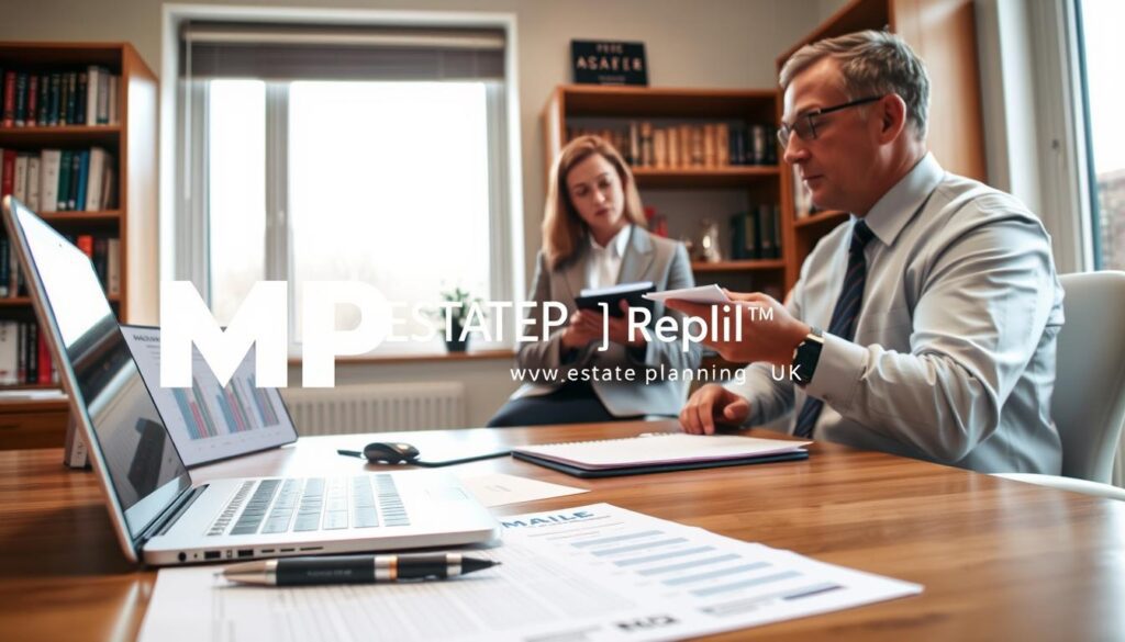 A professional office setting where a financial advisor, dressed in business attire, is explaining the process of nominating beneficiaries for a SIPP (Self-Invested Personal Pension) to a client. The foreground features a well-organized desk with financial documents, a laptop displaying charts related to SIPP regulations, and a pen poised to sign. In the middle, the client, appearing engaged, is taking notes on a notepad. The background shows shelves lined with books on finance and retirement planning, along with a window allowing natural light to flood the room, creating a warm and informative atmosphere. The brand name "MP Estate Planning UK" is subtly integrated into the visual elements of the workspace, ensuring a professional presentation without any text overlays.