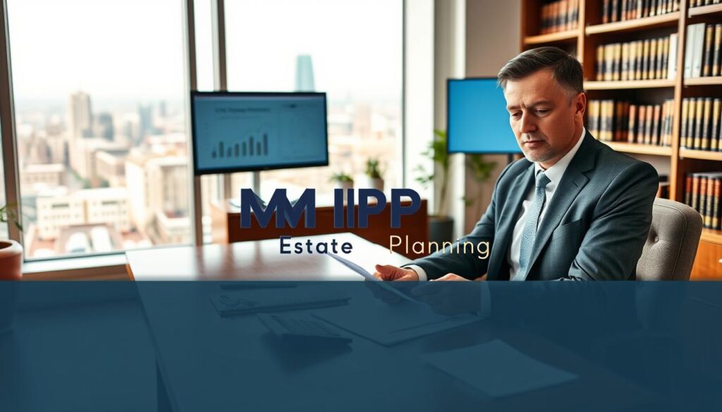 A professional office setting with a bright, airy atmosphere. In the foreground, a well-dressed financial advisor in a suit is sitting at a polished wooden desk, reviewing documents related to life insurance policies and inheritance tax. On the desk, neatly arranged papers and a calculator are visible. In the middle ground, a large window shows a bustling cityscape, symbolizing life and prosperity. Charts and graphs related to tax implications are subtly displayed on a nearby digital screen. The background features bookshelves filled with financial literature, conveying expertise and authority. Soft, natural lighting creates an inviting mood, highlighting the advisor's focused expression. The brand name "MP Estate Planning UK" is subtly incorporated into the scene, emphasizing professionalism and trust.