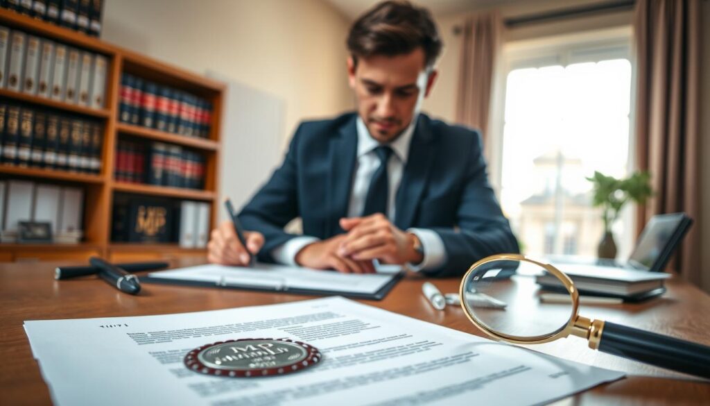 A professional office setting with a focus on resealing legal documents in the UK. In the foreground, a neatly organized desk with a legal document featuring an official seal, pens, and a magnifying glass, signifying attention to detail. The middle ground showcases a person in professional business attire, examining documents closely, their expression thoughtful and focused. In the background, a bookshelf filled with law books and a window that lets in soft, natural light, creating a warm and trustworthy atmosphere. The lighting is bright but gentle, highlighting the professionalism of the office. Subtle branding of "MP Estate Planning UK" is visible on the desktop items. The overall mood is serious and dedicated, reflecting the importance of timeframes in legal processes.
