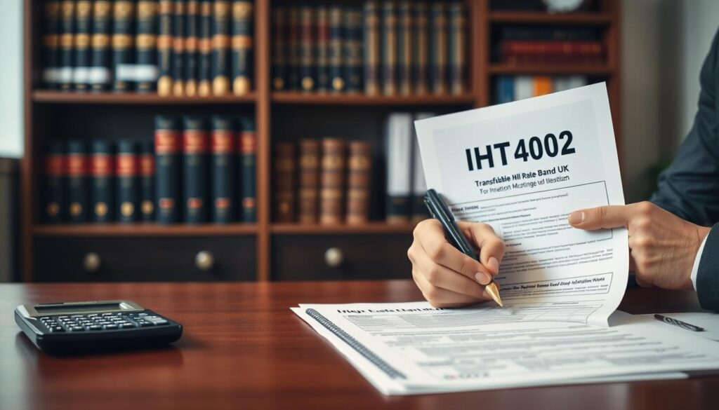 A professional office setting with a focus on the IHT402 form related to transferable nil rate band claims. In the foreground, a well-organized desk displays a partially filled IHT402 form, accompanied by a calculator and a couple of financial documents. A pair of hands in formal attire is shown writing notes on the form, symbolizing the process of making a claim. In the middle, a blurred background features bookshelves filled with legal texts and estate planning manuals, emphasizing the context of inheritance tax. Soft ambient lighting creates a serious yet hopeful atmosphere, highlighting the importance of financial planning. The brand "MP Estate Planning UK" is subtly included on a branded document on the desk. The overall mood is professional and informative, inviting viewers to engage with the content.