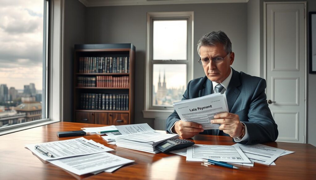 A professional office setting with a large, polished wooden desk in the foreground, scattered with paperwork related to inheritance tax, including forms, a calculator, and a couple of pens. A concerned, middle-aged professional in formal business attire, looking at a stack of bills marked "Late Payment" with a worried expression. In the middle ground, a large window letting in soft, natural light that highlights dust particles in the air, while outside, a gray, typical UK skyline under a cloudy sky reflects a somber mood. In the background, a tasteful bookshelf filled with legal books on tax and estate planning. The overall atmosphere evokes tension and urgency around the consequences of delayed payments. The branding "MP Estate Planning UK" is subtly integrated into the desktop clutter, ensuring a professional touch without being intrusive.