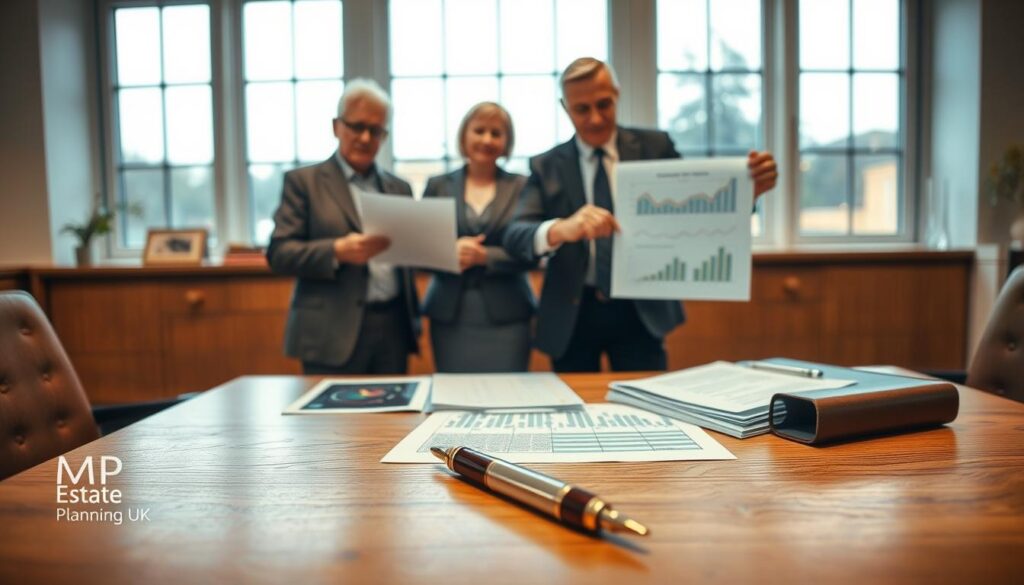 A professional office setting, with a large wooden desk at the foreground, neatly organized with legal documents and an ornate pen. In the middle distance, an elderly couple (dressed in smart business attire) are discussing a deed of variation with a professional advisor (also in business attire), pointing at charts and graphs illustrating inheritance tax implications. In the background, large windows let in soft natural light, creating a calm and focused atmosphere. The color palette is warm and inviting, highlighting the significance of financial planning and legal matters. A subtle logo for "MP Estate Planning UK" is integrated into the scene, maintaining a professional tone. The composition should evoke a mood of deliberation and careful consideration in estate planning decisions.