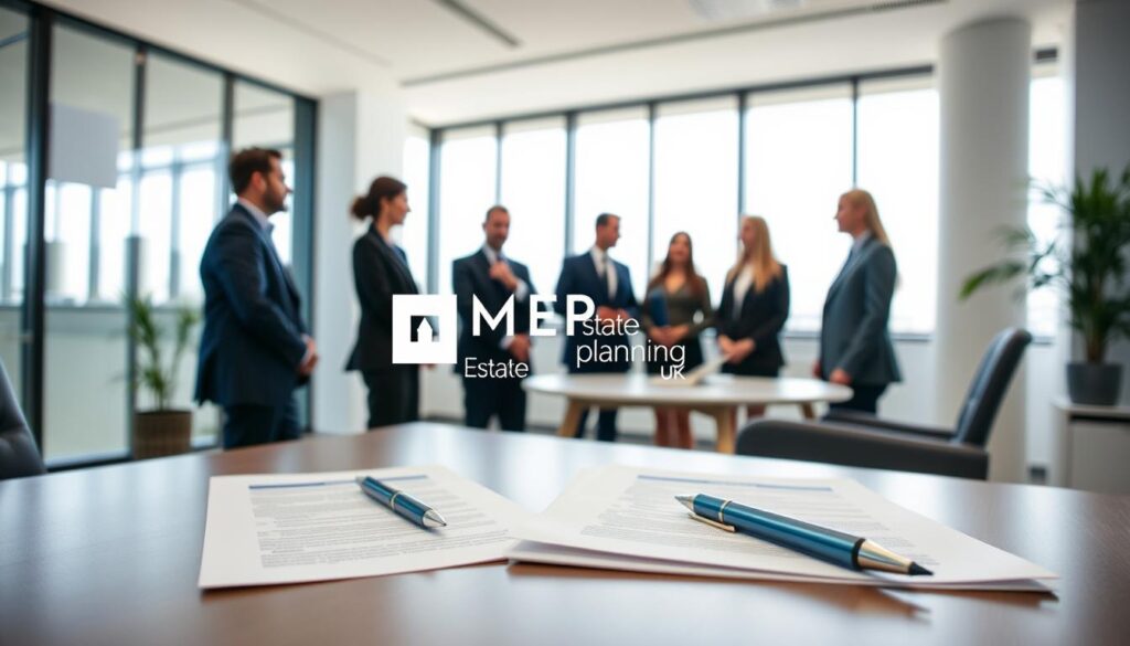 A professional office setting with a modern desk in the foreground, featuring a well-organized workspace that includes legal documents and a pen, symbolizing the fast track lasting power of attorney in the UK. In the middle ground, a diverse group of individuals in professional business attire are engaged in a discussion, conveying a sense of collaboration and seriousness about legal processes. In the background, large windows let in natural light, illuminating the space and creating a welcoming atmosphere. The overall mood is focused and optimistic, suggesting efficiency and clarity in navigating legal matters. The branding "MP Estate Planning UK" is subtly integrated into the scene through a document or a folder on the desk, emphasizing professionalism and expertise.