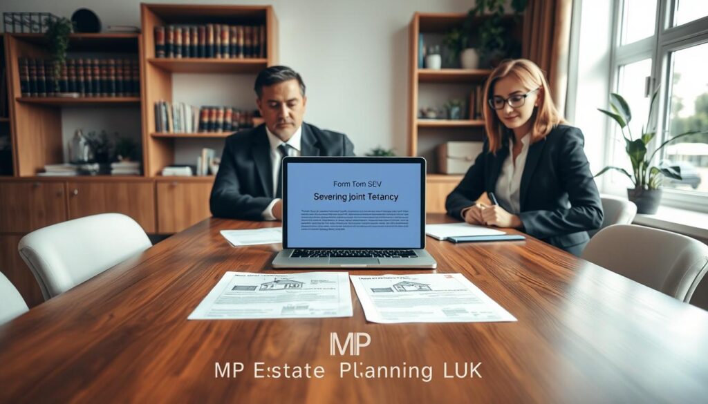 A professional office setting with a wooden conference table at the forefront, where two individuals in business attire, a man and a woman, discuss legal documents regarding severing joint tenancy. In the middle ground, a laptop displays Form SEV, with property diagrams and legal notes surrounding it, strategically illuminated by soft, natural lighting from a nearby window. In the background, a bookcase filled with legal books and potted plants adds warmth to the atmosphere. The mood is serious yet collaborative, reflecting the importance of tax and protection planning. Include a subtle reference to "MP Estate Planning UK" in the design of the documents, ensuring it complements the overall theme visually.