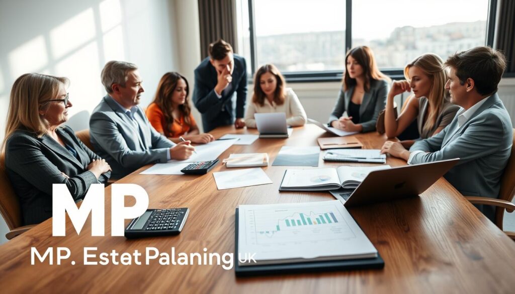 A professional office setting with a wooden conference table in the foreground, where a diverse group of individuals in business attire are engaged in a thoughtful discussion about inheritance calculations under the UK intestacy rules. In the middle, there are documents, calculators, and a laptop open, displaying graphs and charts related to inheritance distribution. The background features a large window with natural light streaming in, casting soft shadows and creating a bright, focused atmosphere. The mood is one of professionalism and collaboration, emphasizing the importance of family and financial planning. The brand logo "MP Estate Planning UK" is subtly integrated into the layout of the office without any text.