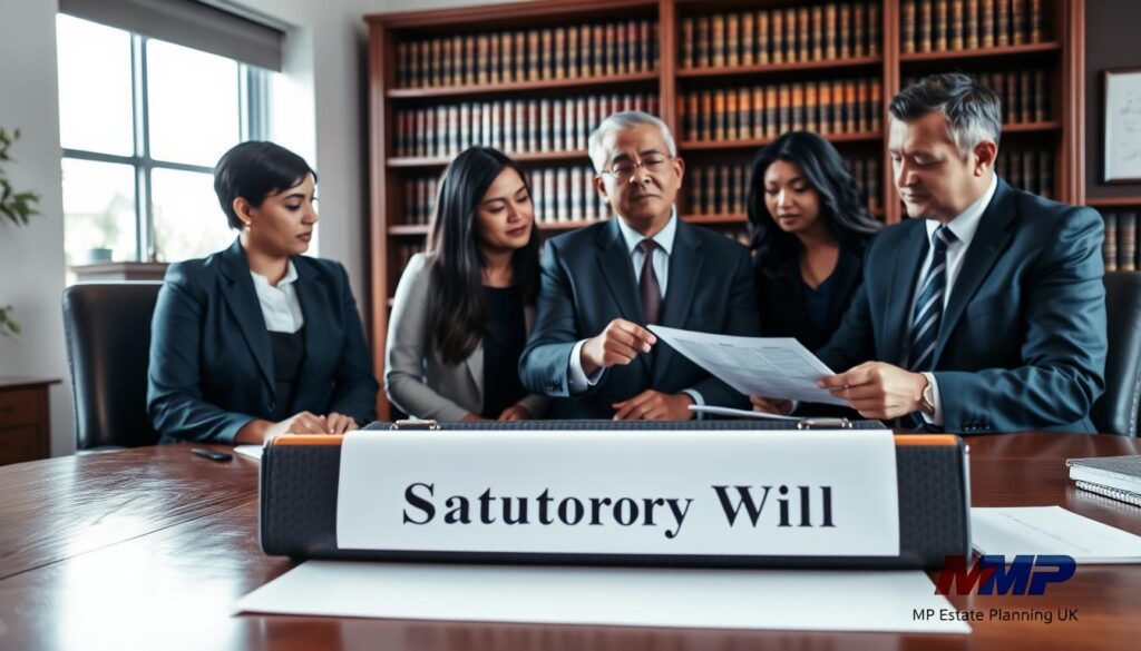 A professional office setting with an elegant wooden desk as the foreground, featuring a closed legal folder labeled 'Statutory Will'. In the middle, depict a diverse group of three individuals—two women and one man—engaged in a serious discussion, all dressed in professional business attire. The women, one Asian and one Black, are reviewing documents, while the man, of Middle-Eastern descent, is pointing at a legal chart. The background shows a well-lit office environment with shelves filled with legal books and a window allowing soft natural light to filter in. The mood is collaborative and focused, emphasizing the significance of the statutory wills application process. Include the branding of "MP Estate Planning UK" subtly integrated into the environment, such as a discreet logo on the legal folder.