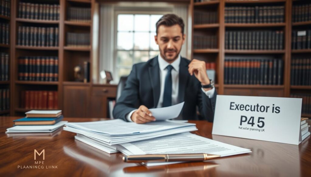 A professional office setting with an elegant wooden desk in the foreground, featuring a neatly organized pile of legal documents labeled "Form PA15" and a pen beside them. In the middle ground, a confident individual in smart business attire is reviewing the papers, displaying an expression of contemplation and decision-making, underscoring the theme of executor renunciation eligibility. The background consists of bookshelves filled with legal books, with natural light filtering in through a large window, creating a warm and focused atmosphere. The overall mood conveys clarity, professionalism, and seriousness about one's responsibilities. The branding "MP Estate Planning UK" is subtly incorporated in the desk décor, enhancing the context without overpowering the main scene.