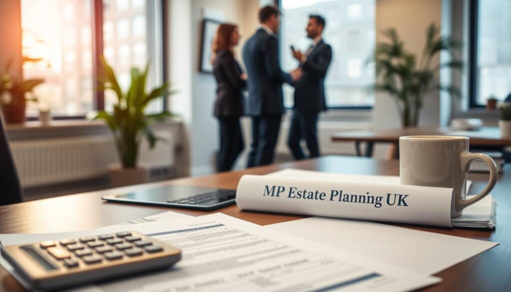 A professional office space featuring a well-organized desk with documents related to tax allowances, prominently displaying the brand name "MP Estate Planning UK". In the foreground, there are neatly stacked papers, a calculator, and a cup of coffee, conveying a sense of focus and detail. The middle ground includes a large window with natural light pouring in, illuminating a wall with a green plant, adding a touch of life to the environment. In the background, there are blurred silhouettes of individuals in professional business attire engaged in discussion, symbolizing collaboration and strategy. The mood is focused and professional, with soft, warm lighting that invites productivity and serious contemplation. The angle is slightly elevated, capturing the essence of a working environment dedicated to tax planning.