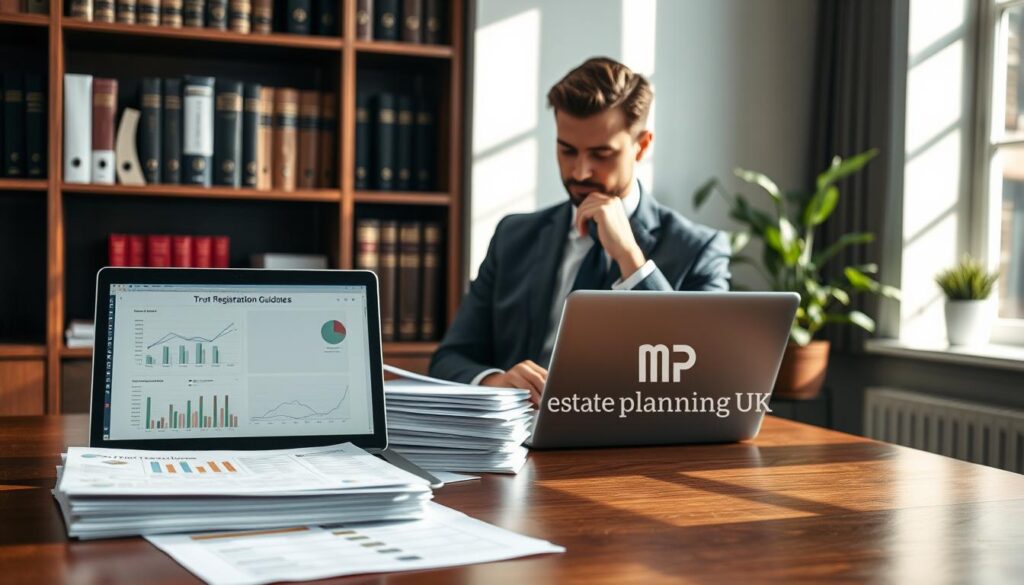 A professional, serene office environment focusing on trust registration guidance. In the foreground, a polished wooden desk with a laptop displaying graphs and forms related to trust registration, along with a neatly arranged stack of documents labeled "TRS Deadlines". In the middle, a business professional in smart attire (suit and tie) is thoughtfully analyzing the documents with a focused expression. The background features a well-organized bookshelf filled with legal texts and a potted plant for ambiance. Soft, natural lighting streams through a nearby window, casting gentle shadows, creating an atmosphere of diligence and trustworthiness. The brand "MP Estate Planning UK" subtly incorporated in the desk arrangement without any text overlay.