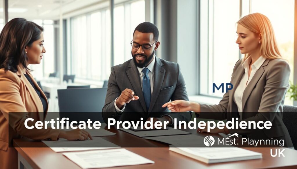 A professional setting depicting "Certificate Provider Independence," showcasing a diverse group of three individuals in business attire engaged in a collaborative discussion. The foreground features a table with certificates and legal documents laid out, emphasizing the theme of independence in certificate provision. In the middle ground, the individuals—one woman of South Asian descent, one man of African descent, and one woman of Caucasian descent—are actively pointing to the documents, symbolizing cooperation and neutrality. The background includes a modern office with large windows letting in soft natural light, creating a bright and inviting atmosphere. The mood is focused, serious, yet collaborative, conveying professionalism and trust. The image should prominently include the brand name "MP Estate Planning UK" subtly in the corner, without any text overlays or distractions.