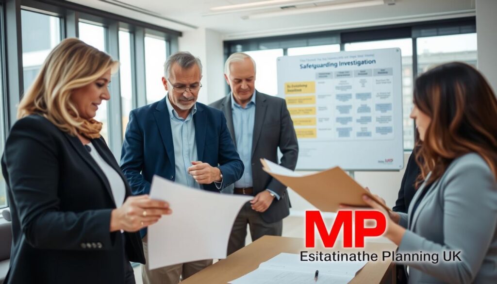 A professional setting depicting a group of diverse individuals engaged in a discussion about safeguarding investigations. In the foreground, a middle-aged woman in business attire points to a document, while a young man in smart casual clothing takes notes. In the middle, an older man consults another document, showcasing teamwork and collaboration. The background features a modern office space with large windows, allowing natural light to flood the room, illuminating a wall-mounted chart illustrating steps after an investigation. The atmosphere is focused and serious, conveying a sense of urgency and professionalism. The branding "MP Estate Planning UK" subtly incorporated into the scene, perhaps on a folder or background graphic. Soft focus on the background adds depth, while maintaining a clear view of the engaged individuals.