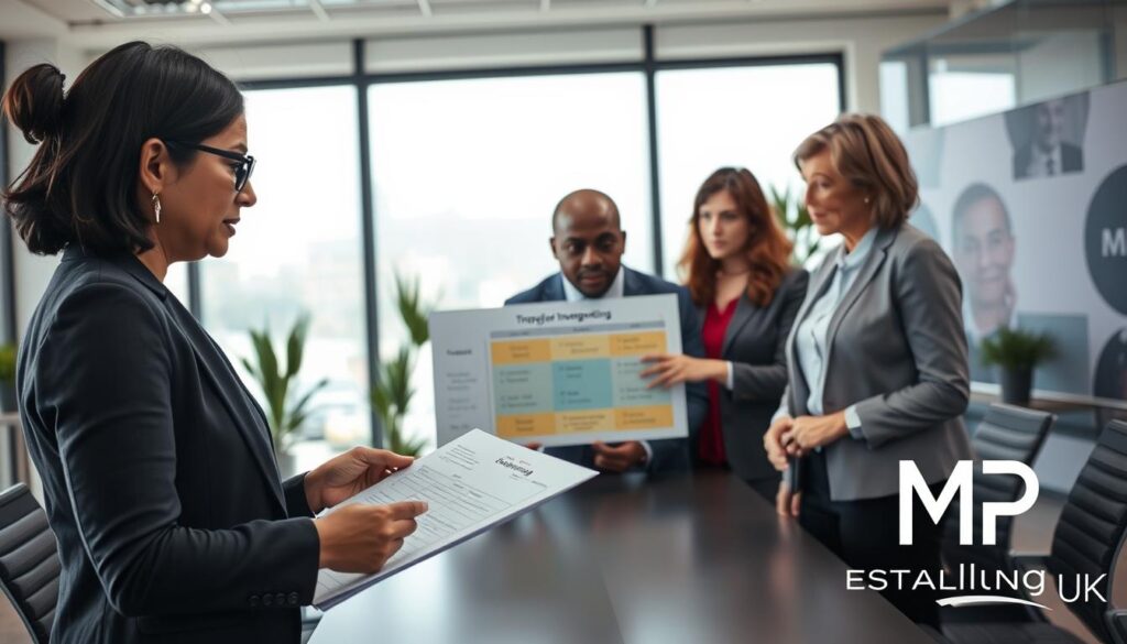 A professional setting depicting a group of diverse individuals in a modern office environment, engaging in a serious discussion about OPG safeguarding investigations. In the foreground, a middle-aged South Asian woman in smart business attire is analyzing documents, while in the middle, a young Black man and a middle-aged White woman are conversing with concerned expressions, pointing at a chart illustrating triggers for investigations. The background features a large window with natural daylight streaming in, reflecting a sense of urgency and focus. The office is well-furnished, with a sleek conference table and potted plants, creating a professional atmosphere. The image conveys a collaborative yet serious mood, emphasizing the importance of safeguarding. The branding "MP Estate Planning UK" subtly appears in the background, integrated into the office decor without being distracting.
