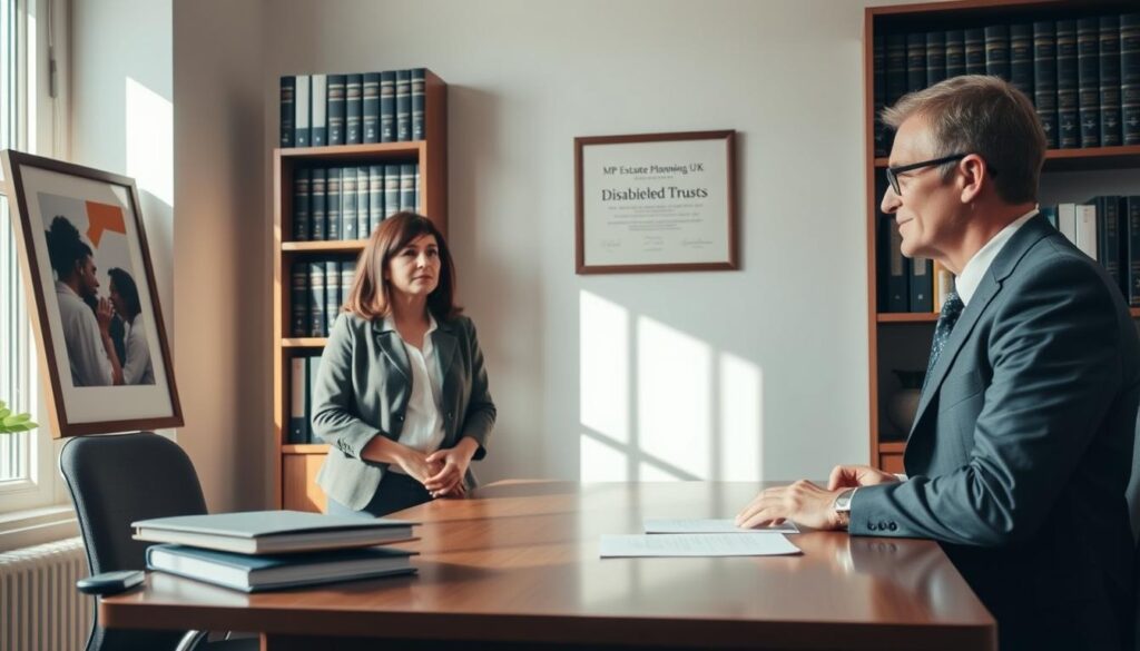 A professional setting depicting a warm and inviting office with a desk at the forefront, where a lawyer in smart business attire is engaged in a discussion with a couple dressed modestly in casual clothing. The couple appears curious and attentive, reflecting a sense of trust and inquiry. In the background, shelves filled with legal books and documents about trusts can be seen, symbolizing knowledge and authority. Soft, natural lighting filters through a window, casting gentle shadows that create an atmosphere of reassurance and clarity. A subtle logo of "MP Estate Planning UK" is incorporated into a displayed certificate on the wall, enhancing the professional feel of the space. The overall mood is one of comfort, professionalism, and informed guidance, emphasizing the importance of understanding the common misconceptions about Disabled Person’s Trusts in the UK.