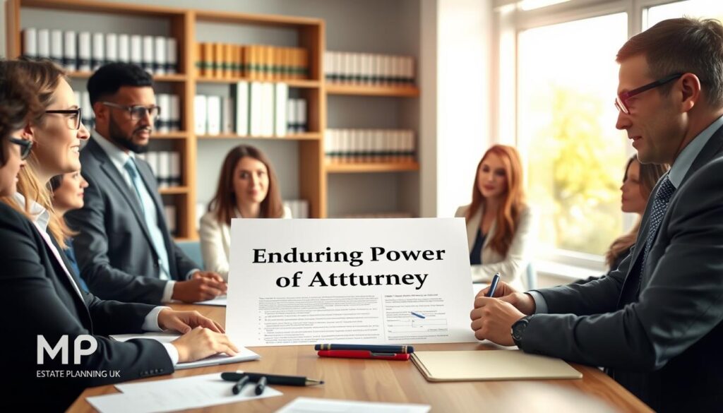 A professional setting depicting the EPA registration process in the UK. In the foreground, a diverse group of individuals in business attire is engaged in discussion around a table filled with documents, a laptop, and pens, conveying collaboration and focus. In the middle, a large document titled "Enduring Power of Attorney" is prominently displayed, partially completed, symbolizing the registration process. The background features a bright, well-lit office environment with shelves of legal books and a window showing a sunny day, creating an atmosphere of clarity and professionalism. Use soft, natural lighting to enhance the mood, and capture the scene from a slightly elevated angle for depth. Include the brand name "MP Estate Planning UK" subtly in the design without text on any elements.
