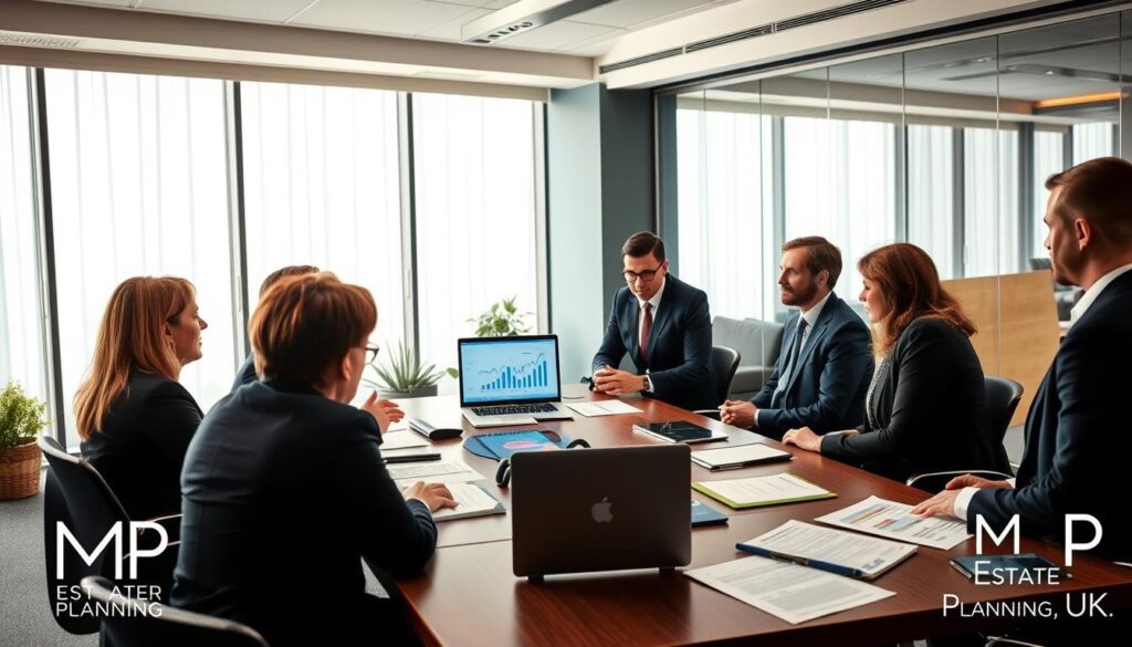 A professional setting depicting the UK inheritance tax dispute resolution process. In the foreground, a diverse group of business professionals, dressed in smart attire, are engaged in a serious discussion around a conference table filled with legal documents, charts, and a laptop displaying financial graphics. The middle ground shows a mediator facilitating the conversation, with a focus on fostering collaboration. The background features a modern office environment with large windows allowing soft, natural light to flood in, creating a warm and inviting atmosphere. The image should evoke a sense of professionalism and cooperation, symbolizing the alternative dispute resolution in the context of inheritance tax. Subtly include the branding of "MP Estate Planning UK" in the decor.
