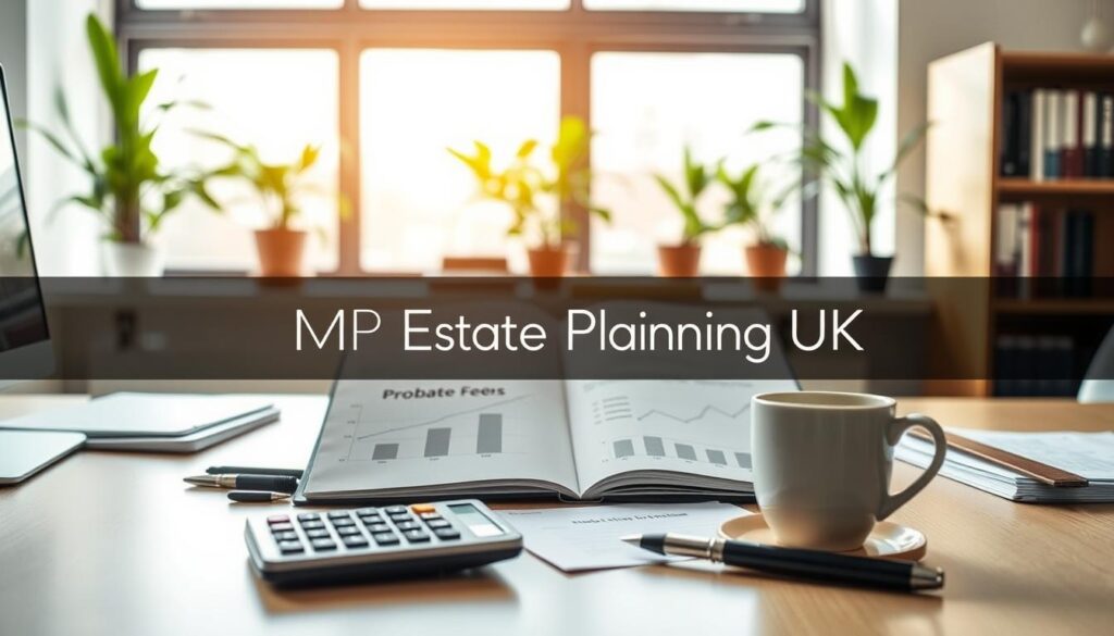 A professional setting depicting the concept of probate fees and small estates in the UK. In the foreground, a neatly arranged desk with a calculator, legal documents, and a cup of coffee reflects a diligent approach to estate planning. The middle ground features an open folder labeled "Probate Fees" with graphs and charts showing estate values, emphasizing clarity in financial matters. In the background, a softly blurred window reveals a serene office environment with green plants and a well-organized bookshelf. Warm, natural lighting creates a welcoming atmosphere, ideal for serious discussions. The overall mood is focused yet approachable, embodying professionalism. The brand "MP Estate Planning UK" subtly integrated into the desk scene, ensuring no text overlays diminish the image's coherence.