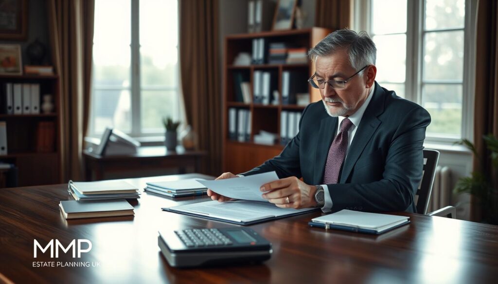 A professional setting depicting the ongoing responsibilities of a court-appointed Deputy in the UK. In the foreground, a focused middle-aged individual, dressed in smart business attire, is reviewing legal documents at a sleek wooden desk, with a calculator and notepad beside them. The middle ground features a well-organized office with files and folders, conveying a sense of duty and attention to detail. The background shows an inviting window with soft natural light streaming in, illuminating the scene and creating a calm atmosphere. The overall mood is serious yet optimistic, emphasizing the importance of financial management and planning. Include subtle branding elements for "MP Estate Planning UK" in the office decor without any visible text.
