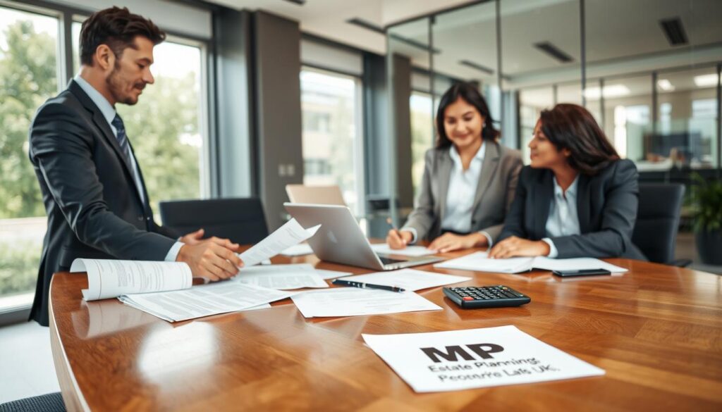 A professional setting depicting the setup process of an Excluded Property Trust (EPT). In the foreground, a well-dressed financial advisor, wearing a tailored suit, discusses trust documents with a diverse couple in business casual attire, emphasizing collaboration. The middle layer showcases a polished wooden conference table cluttered with legal documents, a laptop, and a calculator, symbolizing the intricate planning involved. In the background, a modern office space with large windows allows natural light to flood the room, enhancing the atmosphere of professionalism and trust. The overall mood is focused and optimistic, reflecting the empowerment EPTs provide for securing assets. Branding subtly displayed as "MP Estate Planning UK" on a document.
