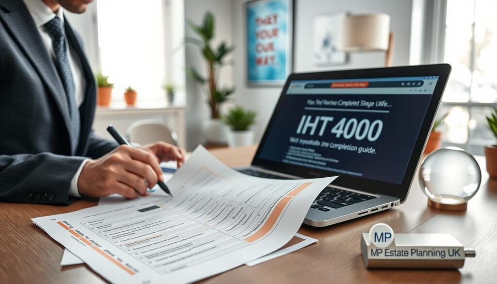 A professional setting featuring a neatly arranged desk with papers and a laptop where a business professional, dressed in smart business attire, is carefully completing the IHT400 form. The foreground showcases a close-up of the form itself, with highlighted sections and notes in an organized manner. In the middle layer, the laptop screen displays a digital completion guide, enhancing the focus on the task. The background is softly blurred, depicting a well-lit, modern office with potted plants and motivational artwork to create a motivating atmosphere. Soft natural lighting pours through a window, casting gentle shadows, while the branding "MP Estate Planning UK" is subtly visible on a desk object to maintain professionalism. The entire image conveys diligence and clarity in completing financial documentation.