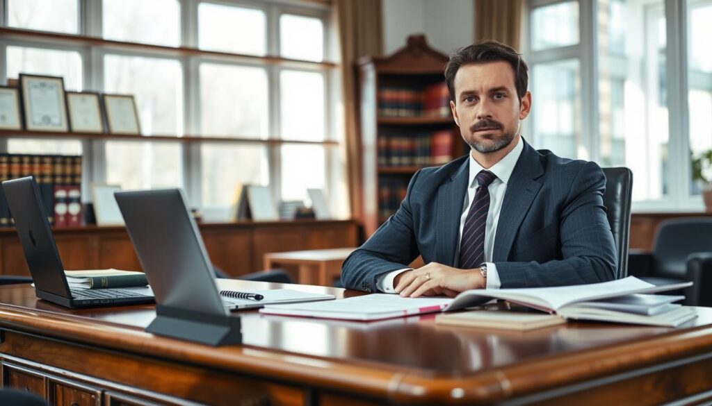 A professional setting featuring a replacement attorney in the UK, portrayed as a confident individual in a tailored business suit, sitting at a polished wooden desk filled with legal documents, a laptop, and a legal briefcase nearby. The foreground highlights the attorney's focused expression, embodying trust and competence. In the middle, shelves lined with legal books and certificates create a sense of authority. The background shows an elegant office with large windows allowing natural light to cascade in, casting soft shadows across the room. The mood is serious yet inviting, emphasizing professionalism in the legal field. Affixed to the desk is a small, discreet logo of "MP Estate Planning UK".