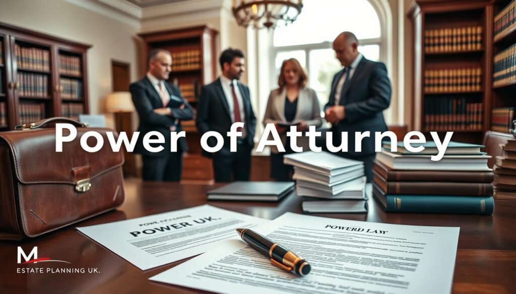 A professional setting illustrating the concept of Power of Attorney in the UK. In the foreground, a elegantly furnished wooden desk with legal documents, a fountain pen, and a legal briefcase. A confident, diverse group of three individuals in professional business attire discussing the documents. The middle ground features a subtle display of official legal materials, such as a Power of Attorney form prominently placed on the desk, alongside a neatly arranged stack of law books. In the background, a softly lit law office with shelves of books and a large window allowing natural light to filter in, creating a warm and inviting atmosphere. The overall mood is serious and authoritative, conveying the importance of legal decisions. The brand name "MP Estate Planning UK" is subtly integrated into the scene.