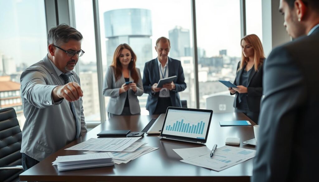 A professional setting in a UK office, focusing on a diverse group of individuals in business attire, discussing inheritance tax and life insurance. In the foreground, a middle-aged man points to documents spread on a table, while a woman in her 30s takes notes on a tablet. The middle of the frame features a sleek, contemporary desk with a laptop showing financial graphs. The background showcases a large window with natural light flooding the room, illuminating the cityscape outside. The atmosphere is collaborative and focused, highlighting the importance of financial planning. Include a small logo of "MP Estate Planning UK" subtly displayed on the laptop screen. The image should convey professionalism and clarity in financial discussions.