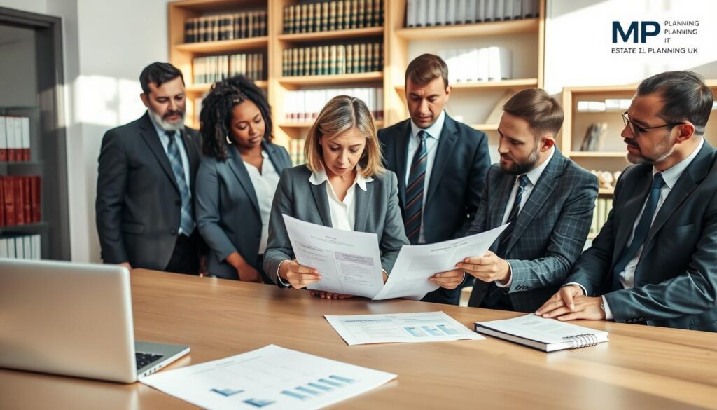 A professional setting showcasing "Certificate Provider Eligibility Criteria" in a well-lit office environment. In the foreground, a diverse group of individuals in business attire, including a middle-aged woman and a young man, engaged in a serious discussion, reviewing documents and charts related to eligibility criteria for certificate providers. The middle layer features a sleek desk with a laptop, official documents with an outline of eligibility points, and a notepad with handwritten notes. The background shows shelves filled with legal books and certificates, creating an atmosphere of professionalism and authority. Soft, natural lighting enhances the scene, casting gentle shadows. The brand name "MP Estate Planning UK" is subtly represented through a logo on an item in the background, ensuring a cohesive theme without text. The overall mood is focused, informative, and collaborative.