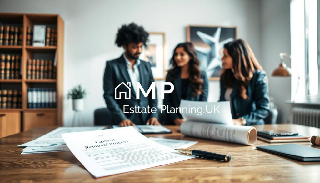 A professional setting showcasing a business office environment, focusing on a wooden desk with legal documents scattered about, including a prominently displayed document titled "Caveat Removal Process." In the foreground, a diverse group of three professionals in business attire are engaged in discussion, analyzing the documents with thoughtful expressions. Soft, natural lighting streams through a large window, creating a warm and inviting atmosphere. In the background, shelves filled with law books and certificates add depth to the scene, while a modern artwork subtly enhances the sophistication of the space. The overall mood conveys a sense of collaboration and professionalism, reflecting the process of navigating the legal steps to remove a caveat. Incorporate the brand name "MP Estate Planning UK" artistically within the scene, ensuring it complements the composition without being obtrusive.