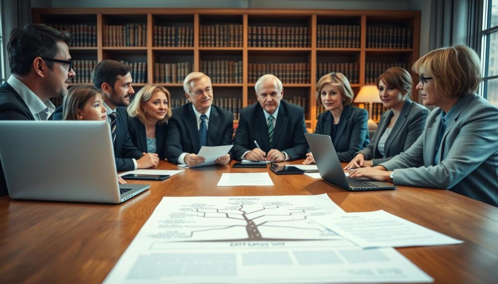 A professional setting showcasing a family meeting around a wooden conference table. In the foreground, a diverse group of well-dressed individuals, including a stepchild, a stepparent, and an estate planner, engaged in discussion. Papers and a laptop with the brand logo "MP Estate Planning UK" visible on the screen are present, indicating active estate planning. The middle ground features a detailed family tree illustration and legal documents spread across the table, symbolizing intestacy rights and discussions of inheritance. The background includes a bookshelf filled with legal texts and a softly lit window that casts a warm glow, creating an atmosphere of seriousness and collaboration. The lens focuses sharply on the group, while the background softly blurs, emphasizing the human element of the estate planning conversation.