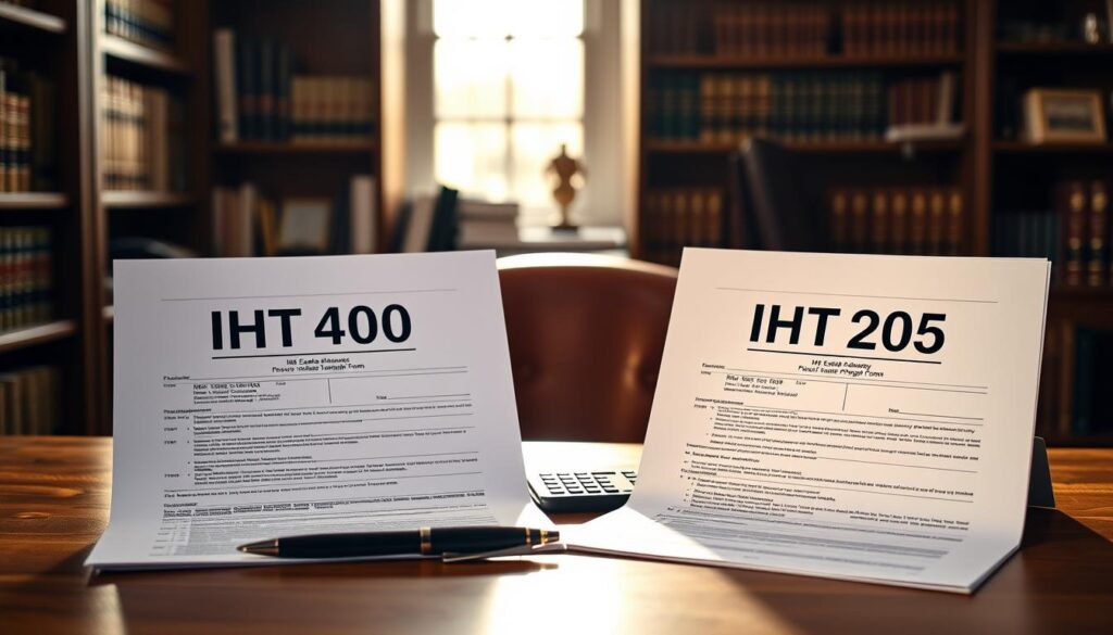 A professional setting showcasing a side-by-side comparison of the IHT400 and IHT205 probate forms. In the foreground, two neatly arranged forms, IHT400 on the left and IHT205 on the right, prominently displayed on a wooden desk, partially illuminated by natural lighting from a nearby window, creating a warm atmosphere. In the middle, an elegant pen and a calculator are placed near the forms, emphasizing the meticulous task of completing paperwork. The background features a softly blurred office space with bookshelves filled with legal texts and documents, lending a scholarly feel. The mood is focused and serious, ideal for professionals navigating probate forms. Include subtle branding elements of "MP Estate Planning UK" in the design of the forms.