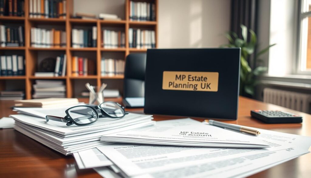 A professional setting showcasing a well-organized desk with essential documentation for probate-free bank account access. In the foreground, a neatly stacked pile of legal documents, including forms and identification papers, is visible. A pair of elegant reading glasses rests on top. In the middle ground, a polished wooden desk is decorated with a tasteful pen holder and a calculator. The background features a soft-lit office space with shelves filled with books about estate planning and financial management. Natural light streams through a window, creating a calm and focused atmosphere. The scene conveys professionalism and clarity, with a subtle inflection of warmth. Include a branded document folder labeled "MP Estate Planning UK" prominently in the image, highlighting the relevance of professional, probate-free documentation.