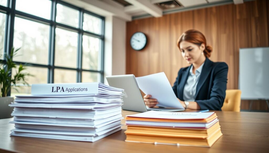 A professional setting showcasing the fast-tracking of a Lasting Power of Attorney (LPA) application. In the foreground, a focused businesswoman in smart attire sits at a sleek desk, intently reviewing documents and using a laptop, symbolizing efficiency and urgency. In the middle ground, a stack of neatly organized files labeled "LPA Applications" emphasizes organization. The background features a contemporary office with a large window, allowing natural light to flood the space, suggesting a bright and optimistic atmosphere. A clock on the wall indicates time passing quickly. The color palette is warm and inviting, promoting a sense of professionalism and urgency. Subtly include the brand name "MP Estate Planning UK" integrated into a laptop screen.